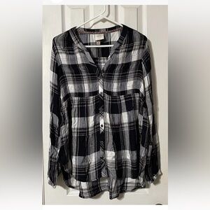 Knox Rose Black White Plaid Button-Up Tunic Top Medium
